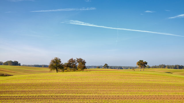 Panoramic view of a farmland landscape in autumn