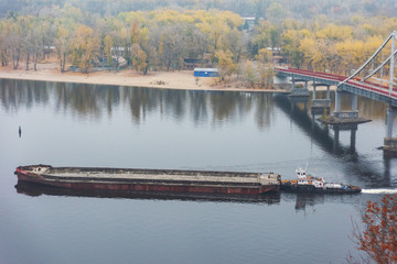 Large cargo ship on the Dnieper River in Kiev