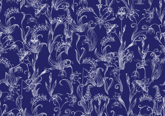 Imitation of traditional Japanese embroidery Sashiko. Spring flowers. Seamless pattern, background. Vector illustration. On navy blue background.