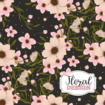 pink flower - black background seamless pattern