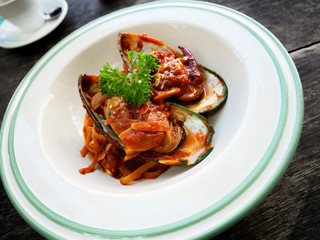 Mussels pasta in a restaurant in  Chiang rai, Bangkok Thailand.