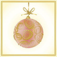 Eine große korallfarbige Christbaumkugel mit goldenen Rosenornamenten vor Goldstaub und mit Goldrahmen.