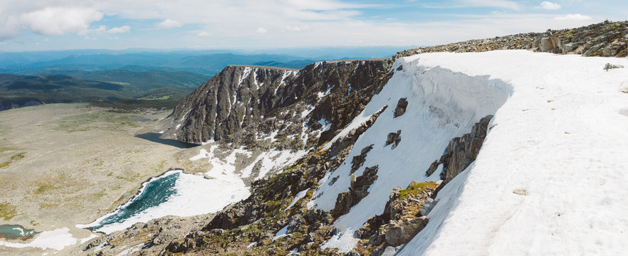 Snow Cliff Edge At Mountain Ridge Of Mount Sarlyk With View Of Valley With Ice Lake. Summer Nature Landscape Panorama In Altai Republic, Siberia, Russia