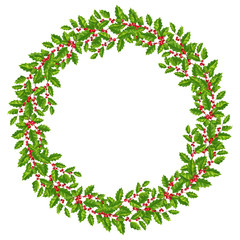 Wreath / garland of holly branches with green leaves and red berries. Isolated