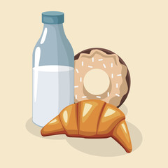 milk bottle with sweet donut and croissant
