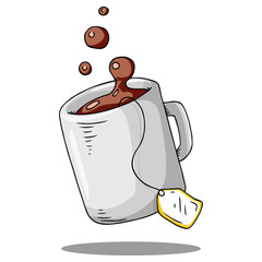 Mug with tea icon. Vector illustration of a mug with a tea bag. Hand drawn mug with splashes.