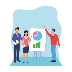avatar businessmen and woman with board with graphic charts, flat design