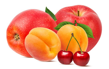 Fresh apricots, apples, and cherry with leaves isolated on white background with clipping path