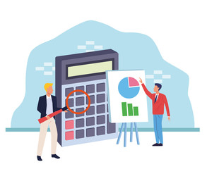 avatar businessmen with big calculator and magnifying glass