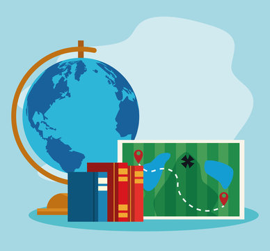geography tool with map and academic books