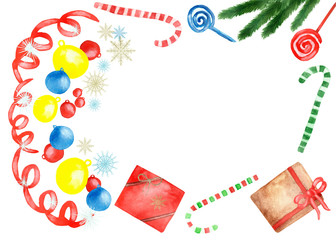 Watercolor winter holiday celebration frame composition with red, yellow and blue ball toys, garland, multicolor lollipops, green fir branches, snowflakes and gift boxes on the white background
