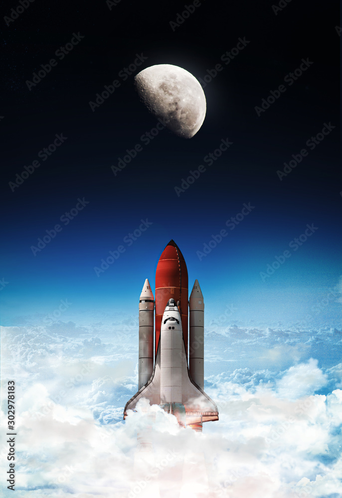 Aufkleber Space shuttle launch in outer space from Earth. Moon on background, Rocket on orbit of the planet. Border of blue sky with clouds and dark deep space. .Elements of this image furnished by NASA 