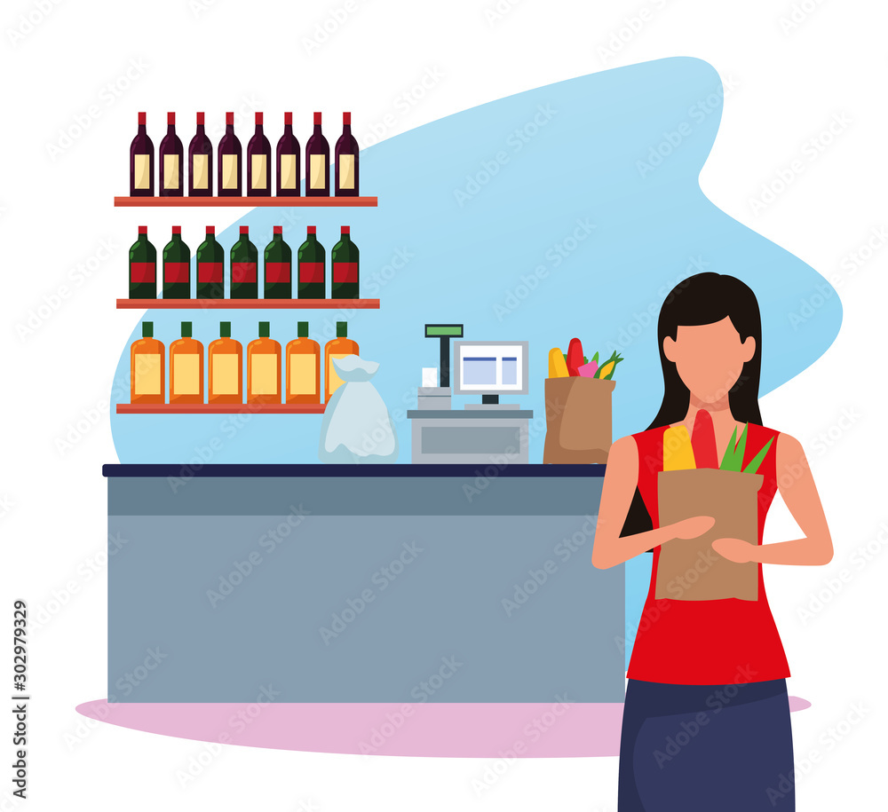 Wall mural avatar woman holding a bag with food over supermarket cash register