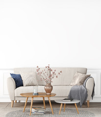 Mock Up Blank Wall In Modern Interior Background, Scandinavian Style, living Room, 3D render, 3D illustration