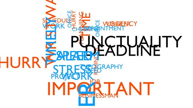 Punctuality animated word cloud, text design animation. Kinetic typography, loop able, white variant, 3D rendering, UHD.