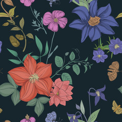 Seamless vintage pattern. Botanical  flowers on a black background.