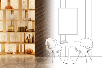 Sketch of the interior with a table and chairs, picture frame, shelving with decor became a real interior. 3d illustration