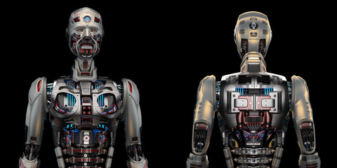 Two very detailed futuristic robots or humanoid cyborgs. Front and back views of the upper body. Isolated on black background. 3d render