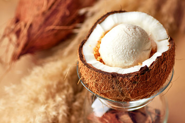 Ice cream with nuts and lemon sauce in halved coconut.
