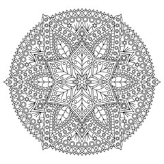Black and white round mandala. Coloring page with floral pattern. Vector design.