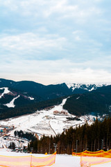 Mountain lifts for skiers in the Ukrainian Carpathians, picturesque scenery.