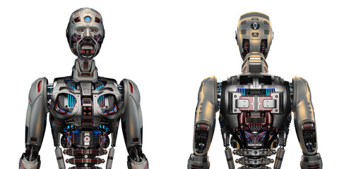 Two very detailed futuristic robots or humanoid cyborgs. Front and back views of the upper body. Isolated on white background. 3d render