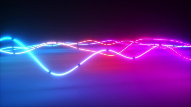 Colorful bright neon glowing graphic equalizer. Ultraviolet signal spectrum, laser show, energy, sound vibrations and waves. Seamless loop 3d render