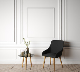 Stylish scandinavian interior with mock up poster frame, wooden table, furniture, white decoration, black chairs, Ready to use, Template, new classic home decor.