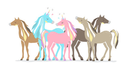 Beautiful cute pink and blue unicorns. couple of unicorns in love. isolated image. eps10