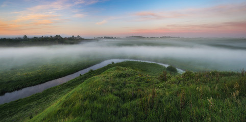 Fototapeta premium spring morning. foggy dawn. picturesque foggy river