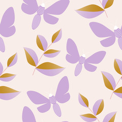 Purple butterflies and golden leaves in a seamless pattern design
