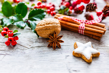 Christmas gingerbread spices and Christmas decorations.
