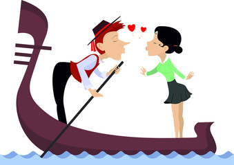 Man, woman, love, heart symbols and gondola illustration. Funny gondolier and woman fall in love and ride on gondola isolated on white isolated illustration