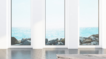 Fototapeta na wymiar Modern Design living room interior with sea view . 3D rendering