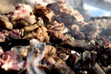 Cooking shish kebabs on the grill on the coals. Appetizing pieces of meat are fried on skewers. Kebabs are fried on coals