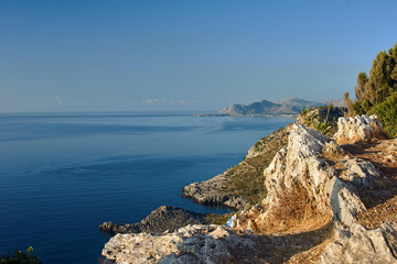 Fototapeta na wymiar Rocks in the mountains on the shores of the Mediterranean Sea on the island of Rhodes.