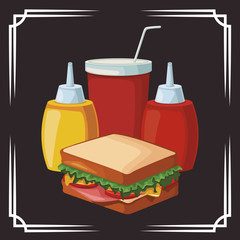 sandwich and sauces bottles and soft drink cup