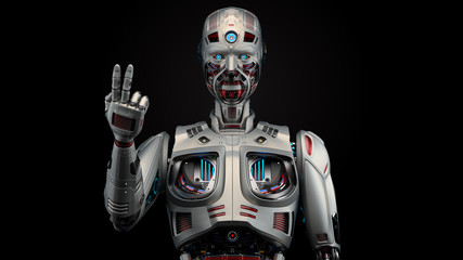 Very detailed futuristic robot or metallic humanoid cyborg showing two fingers or number 2. Front view of the upper body isolated on black background. 3d render