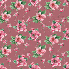 Watercolor seamless pattern Pear tree. Fruits, leaves and flowers