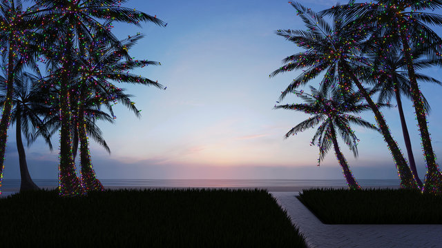 Palm trees decorated with Christmas lights at sunset #3 - 3d Rendering	