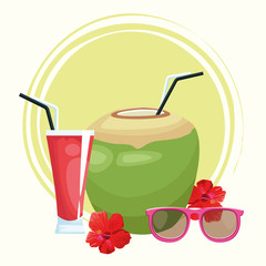 coconut drink and sunglasses and tropical flowers