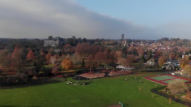 Warwick Town, Park And Castle On Cloudy Dull Autumn Day Aerial Landscape
