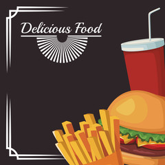 hamburger with french fries and soft drink cup, delicious food design