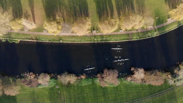 Bird's Eye View Of Professional Rowing Boats On River Avon In Autumn