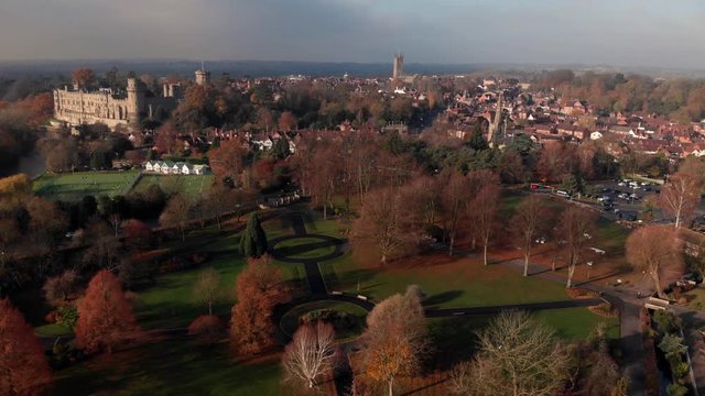 Stunning Historic English Town In Autumn, Warwick, Park, River, Churches And Castle In Autumn, Aerial View Panning Out