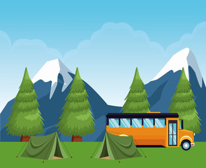 school camping in the forest with tents and school bus
