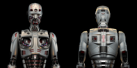 Obraz na płótnie Canvas Two very detailed futuristic robots or humanoid cyborgs. Front and back views of the upper body. Isolated on black background. 3d render