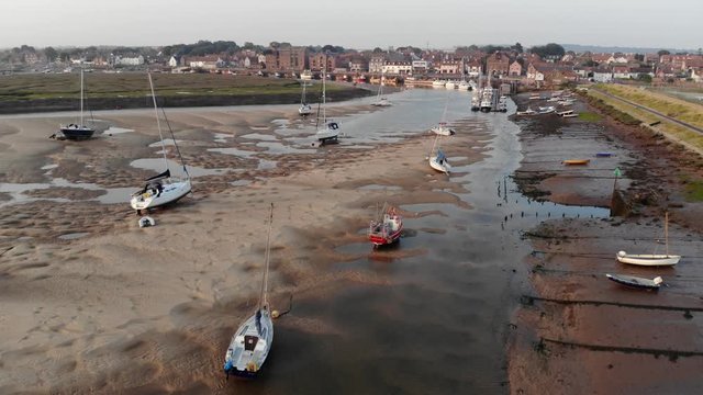 Tidal Harbour At Low Tide, Boats In Estuary On Sandbank Wells-Next-The-Sea Aerial Landscape