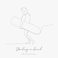 continuous line drawing. standing on beach with surfboard. simple vector illustration. standing on beach with surfboard concept hand drawing sketch line.
