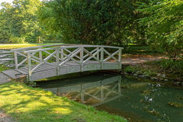 Fototapeta na wymiar Small wooden bridge over a stream with trees in the background.